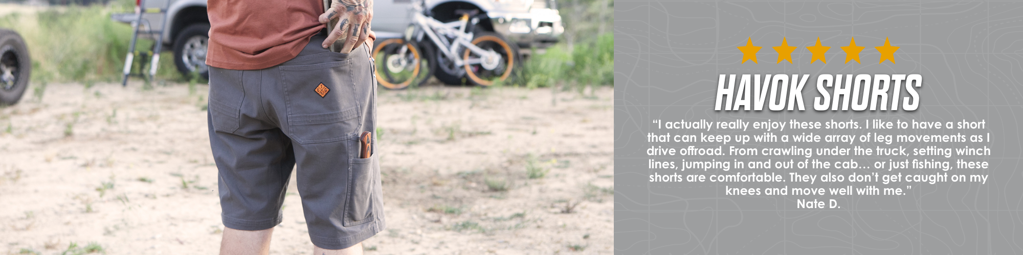 Picture of our havok shorts with a 5 star review.